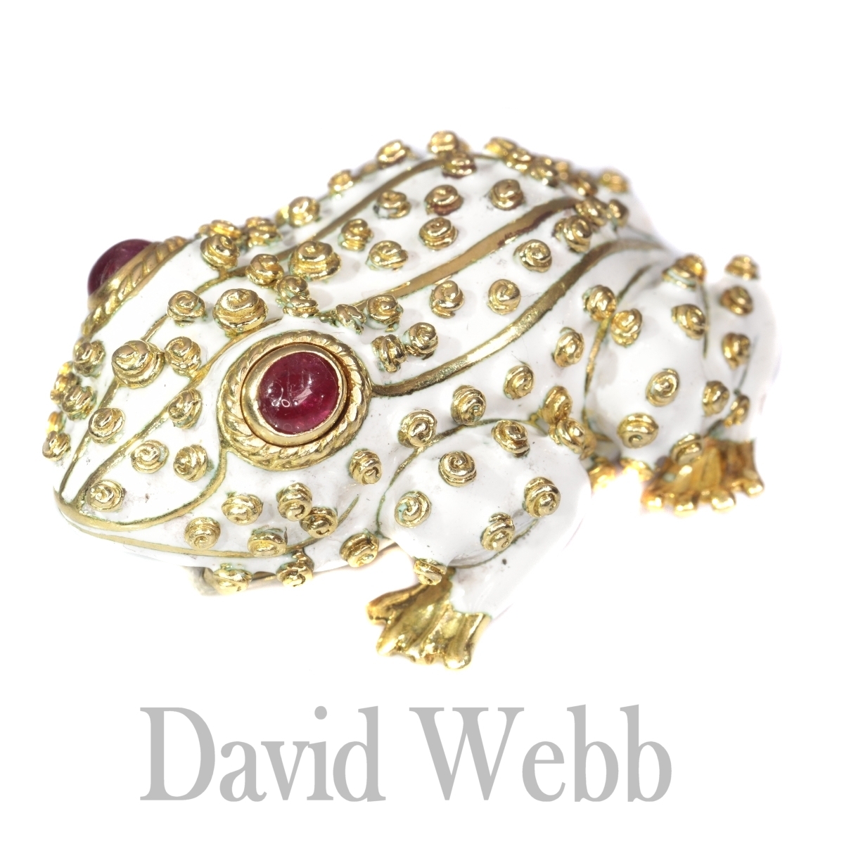 David Webb signed white frog large brooch with ruby eyes